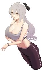 Rule 34 | 1girl, absurdres, black bow, bow, breasts, bronya zaychik, bronya zaychik (silverwing: n-ex), cigarette, cropped legs, grey eyes, grey hair, grey sports bra, hair bow, highres, holding, holding cigarette, honkai (series), honkai impact 3rd, large breasts, long hair, looking at viewer, midriff, navel, newbie (user zyxs5525), open mouth, pants, simple background, solo, sports bra, very long hair, wavy hair, white background, yoga pants