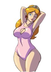 Rule 34 | 1girl, armpits, arms behind head, blonde hair, blue eyes, breasts, cleavage, cleavage cutout, clothing cutout, covered navel, earrings, jewelry, large breasts, legs, lipstick, long hair, makeup, nintendo, one-piece swimsuit, one eye closed, pointy ears, princess, princess zelda, shiny skin, smile, solo, swimsuit, the legend of zelda, the legend of zelda (cartoon), thick thighs, thighs, tiara, wink
