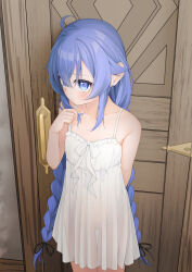 Rule 34 | 1girl, ahoge, bare arms, bare shoulders, black ribbon, blue eyes, blue hair, braid, breasts, collarbone, commentary request, door, dress, frilled dress, frills, groin, hair between eyes, hair ribbon, hand up, highres, hijouguti, indoors, long hair, looking to the side, low twintails, mushoku tensei, no panties, ribbon, roxy migurdia, see-through, sidelocks, sleeveless, sleeveless dress, small breasts, solo, standing, twin braids, twintails, very long hair, white dress