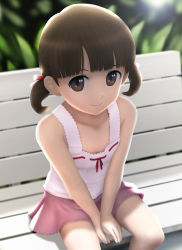 Rule 34 | 1girl, atlus, bare shoulders, bench, brown eyes, brown hair, child, doujima nanako, highres, persona, persona 4, short hair, siraha, sitting, skirt, smile, solo, tank top, twintails, v arms