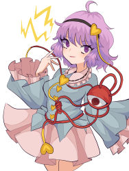 Rule 34 | 1girl, absurdres, blouse, blue shirt, breasts, buttons, eyeball, frilled shirt collar, frilled skirt, frilled sleeves, frills, hair ornament, hairband, hand up, heart, heart button, heart hair ornament, heart of string, highres, komeiji satori, long skirt, long sleeves, medium breasts, mugi (mugimugi 9kv), pink skirt, purple hair, red eyes, ribbon-trimmed collar, ribbon trim, shirt, short hair, skirt, solo, third eye, touhou, white background, wide sleeves