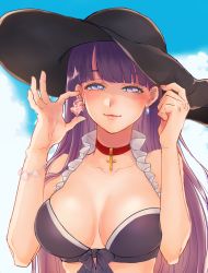 Rule 34 | 1girl, azuma (monica-azu), bad id, bad pixiv id, bare arms, bare shoulders, bikini, bikini top only, black bikini, black bow, blue eyes, blue sky, blunt bangs, bow, bracelet, breasts, choker, cleavage, closed mouth, collarbone, cross, day, earrings, fate/grand order, fate (series), frills, front-tie top, half-closed eyes, hand on headwear, hat, highres, holding, jewelry, large breasts, long hair, looking at viewer, martha (fate), martha (swimsuit ruler) (fate), martha (swimsuit ruler) (first ascension) (fate), purple hair, red lips, seashell, seashell bracelet, shell, sky, solo, swimsuit, upper body, very long hair