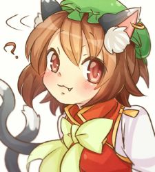 Rule 34 | 1girl, :3, ?, animal ears, blush, brown eyes, brown hair, cat ears, cat tail, chen, closed mouth, commentary, earrings, fang, fang out, green hat, hat, ibaraki natou, jewelry, looking at viewer, mob cap, multiple tails, nekomata, short hair, simple background, single earring, solo, tail, touhou, two tails, upper body, white background