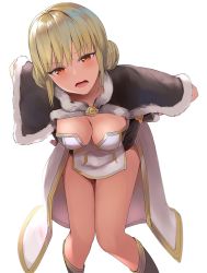 Rule 34 | 1girl, blonde hair, boots, breasts, brown cape, brown dress, brown footwear, brown gloves, cape, cleavage, commentary request, double bun, dress, feet out of frame, fur-trimmed cape, fur-trimmed gloves, fur trim, gloves, hair bun, high wizard (ragnarok online), highres, kathryne keyron, layered dress, leaning forward, looking at viewer, medium breasts, open mouth, ragnarok online, red eyes, sail (sail-away), short dress, short hair, simple background, solo, two-tone dress, white background, white dress