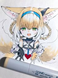Rule 34 | 1girl, animal ears, arknights, art tools in frame, bare shoulders, black gloves, blonde hair, blue hairband, blush, braid, braided hair rings, citron80citron, colored tips, cropped torso, fox ears, fox girl, fox tail, gloves, green eyes, hairband, heart, highres, infection monitor (arknights), kitsune, looking at viewer, multicolored hair, multiple tails, open mouth, oripathy lesion (arknights), short hair, single glove, solo, suzuran (arknights), tail, traditional media, twin braids, two-tone hair, white hair