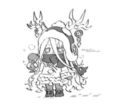 1girl antler_ornament antlers antlers_through_headwear beanie bukurote fate/grand_order fate_(series) full_body hair_between_eyes hat holding holding_lantern horns lantern long_hair long_sleeves louhi_(fate) louhi_(second_ascension)_(fate) mittens monochrome pom_pom_(clothes) pom_pom_beanie scarf scarf_over_mouth solo sweater translation_request