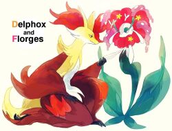 Rule 34 | 1girl, 1other, couple, creatures (company), delphox, eye contact, florges, furry, game freak, gen 6 pokemon, hand grab, hand on own hip, kneeling, looking at another, mmnmymns2up, monster girl, multicolored fur, nintendo, no humans, plant girl, pokemon, pokemon (creature), red fur, white fur, yellow fur