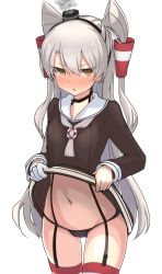 Rule 34 | 1girl, absurdres, amatsukaze (kancolle), black panties, blush, brown dress, clothes lift, dress, dress lift, garter straps, gloves, hair between eyes, hair tubes, highres, kantai collection, lifting own clothes, long hair, long sleeves, myht, navel, open mouth, panties, sailor collar, sailor dress, silver hair, simple background, single glove, smoke, solo, striped clothes, striped thighhighs, thighhighs, two side up, underwear, white background, white gloves