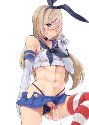 Rule 34 | 10s, 1boy, abs, androgynous, blonde hair, blush, crop top, crossdressing, cum, ejaculation, elbow gloves, gender request, genderswap, gloves, green eyes, hair over one eye, handsfree ejaculation, kantai collection, long hair, looking at viewer, male focus, midriff, mogiki hayami, panties, penis, penis in panties, shimakaze-kun, shimakaze (kancolle), shimakaze (kantai collection), simple background, skirt, solo, striped legwear, testicles, thong, trap, unbuttoned, uncensored, underwear, upskirt, white background