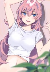 Rule 34 | 1girl, :d, absurdres, arm up, blue eyes, blurry, blurry foreground, blush, breasts, brown background, clothes lift, commentary request, depth of field, eyebrows hidden by hair, flower, hair between eyes, hand up, heremia, highres, medium breasts, megurine luka, navel, open mouth, pink hair, round teeth, shirt, shirt lift, short sleeves, smile, solo, teeth, upper body, upper teeth only, vocaloid, white flower, white shirt