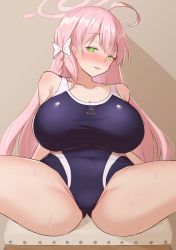 Rule 34 | 1girl, absurdres, ahoge, artist request, blue archive, blush, breasts, green eyes, hair ribbon, halo, hanako (blue archive), highres, huge breasts, long hair, looking at viewer, noe (ppppriver), pink hair, ribbon, solo, spread legs, swimsuit, wet, white ribbon
