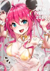 Rule 34 | 1girl, ahoge, animal ears, aqua eyes, armpits, arms up, bare shoulders, between breasts, bikini, blush, breasts, cleavage, collarbone, commentary request, cross hair ornament, dress, eyelashes, fangs, grey background, hair between eyes, hair ornament, happy new year, highres, large breasts, long hair, mouse ears, mouse girl, mouse tail, navel, new year, original, pink hair, see-through, sidelocks, solo, swimsuit, tail, teeth, twintails, upper teeth only, v-shaped eyebrows, wet.elephant, white dress, wrist cuffs, yellow bikini