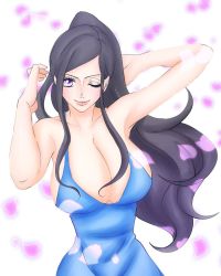 Rule 34 | 1girl, artist request, black hair, breasts, cleavage, female focus, large breasts, long hair, nico robin, one piece, sideboob, simple background, smile, solo, white background