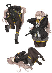 Rule 34 | 1girl, absurdres, arm behind head, armband, ass, bent over, black gloves, black jacket, black ribbon, boots, brown eyes, brown hair, brown pantyhose, closed mouth, commentary, english commentary, fingerless gloves, from behind, full body, girls&#039; frontline, gloves, grey footwear, gun, h&amp;k ump, hair between eyes, hair ornament, highres, holding, holding gun, holding weapon, jacket, long hair, looking at viewer, looking back, lying, multiple views, mutugorou u, neck ribbon, no shoes, on back, one side up, pantyhose, parted lips, ribbon, scar, scar across eye, scar on face, shirt, shoe soles, simple background, skirt, smile, submachine gun, ump45 (girls&#039; frontline), weapon, white background, white shirt, yellow armband