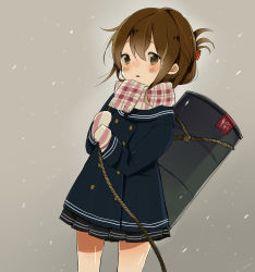 Rule 34 | 10s, 1girl, 2014, absurdres, blush, brown eyes, brown hair, buttons, chiyu (cotoritori), coat, double-breasted, drum (container), folded ponytail, gloves, grey background, highres, inazuma (kancolle), kantai collection, long sleeves, mittens, open mouth, plaid, plaid scarf, pleated skirt, rope, sailor collar, scarf, skirt, snow, snowing, solo