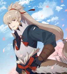 Rule 34 | 1boy, brown eyes, cherry blossoms, cloud, commentary request, fire emblem, fire emblem fates, gloves, highres, kyufe, long hair, male focus, nintendo, open mouth, ponytail, sky, smile, solo, takumi (fire emblem), tree, vambraces, very long hair, white hair
