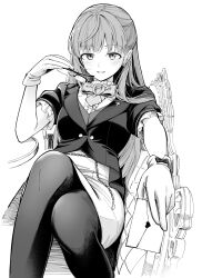 Rule 34 | 1girl, absurdres, arm on table, bow, bowtie, breasts, commentary, couch, earrings, frilled shirt, frills, gloves, greyscale, hair over shoulder, half-closed eyes, highres, hinoshita akame, holding, holding letter, holding removed eyewear, jacket, jewelry, knees up, lapels, large breasts, letter, link! like! love live!, long hair, looking at viewer, love letter, love live!, lying, monochrome, on back, on couch, otomune kozue, pantyhose, parted lips, pencil skirt, seductive smile, semi-rimless eyewear, shirt, short sleeves, skirt, smile, solo, unworn eyewear, white background