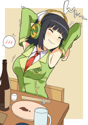 Rule 34 | 1girl, absurdres, armpits, black hair, blunt bangs, blush, border, bottle, breasts, brown background, chopsticks, closed eyes, closed mouth, collared shirt, commentary, cup, detached sleeves, drinking glass, empty plate, ennui orz, green jacket, green sleeves, headphones, highres, jacket, kyoumachi seika, lapels, large breasts, long sleeves, mug, necktie, on chair, out of frame, outside border, red necktie, sake bottle, shirt, short hair, shot glass, simple background, sitting, sleeveless, sleeveless jacket, sleeveless shirt, smile, solo, spoken blush, squeans, stretching, table, upper body, voiceroid, white border