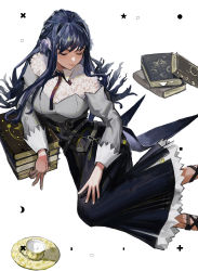 Rule 34 | absurdres, arknights, astesia (arknights), blue hair, blue ribbon, blue skirt, book, book stack, circle, closed eyes, collared shirt, crescent, cup, feet out of frame, hand on own leg, highres, layered skirt, light smile, long hair, long sleeves, material growth, neck ribbon, on floor, oripathy lesion (arknights), peach21, ribbon, see-through, shirt, simple background, skirt, square, star (symbol), teacup, white background, white shirt, white skirt