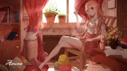 Rule 34 | 10s, 1girl, alternate costume, asuna (sao), backlighting, book, bookshelf, braid, brown eyes, brown hair, casual, chair, character name, cup, curtains, flower, food, french braid, fruit, hand up, highres, indoors, leaf, crossed legs, light particles, long hair, long legs, looking at viewer, plant, potted plant, sitting, sleeves rolled up, slippers, solo, steam, sunlight, sword art online, teapot, vase, wallpaper, window, yuu (xyz)