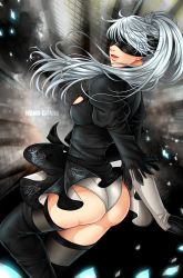 Rule 34 | 1girl, absurdres, ass, black dress, blindfold, breasts, cosplay, dress, gloves, highres, long hair, manu-chann, nier (series), nier:automata, open mouth, panties, ponytail, rwby, shiny clothes, shiny skin, sideboob, silver hair, skirt, solo, thighhighs, underwear, weiss schnee, 2b (nier:automata), 2b (nier:automata) (cosplay)