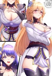 Rule 34 | 2girls, absurdres, azur lane, blonde hair, blush, breasts, cleavage, collarbone, cosplay, costume switch, embarrassed, genshin impact, hair ornament, highres, large breasts, looking at viewer, medium breasts, multiple girls, musanix, purple hair, raiden shogun, richelieu (azur lane), sparkling eyes, thick thighs, thighs, thumbs up