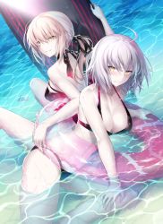 Rule 34 | 2girls, ahoge, artist name, artoria pendragon (all), artoria pendragon (fate), bare shoulders, bikini, black bikini, black ribbon, blonde hair, blush, breasts, cleavage, commentary request, day, embarrassed, fate/grand order, fate/stay night, fate (series), hair ribbon, hand on leg, innertube, jeanne d&#039;arc (fate), jeanne d&#039;arc alter (avenger) (fate), jeanne d&#039;arc alter (fate), kousaki rui, large breasts, legs, long hair, looking at viewer, looking to the side, medium breasts, multiple girls, navel, outdoors, pale skin, ponytail, ribbon, saber (fate), saber alter, short hair, sidelocks, signature, silver hair, sitting, smile, sunlight, surfboard, swim ring, swimsuit, thighs, water, yellow eyes
