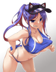 Rule 34 | 1girl, ass, bare arms, bare legs, bare shoulders, bikini, bikini pull, blue bikini, blue hair, blush, breasts, clothes pull, collarbone, commentary request, cowboy shot, grin, groin, highres, kantai collection, large breasts, leaning forward, long hair, looking at viewer, multicolored hair, one-piece swimsuit pull, purple eyes, red hair, simple background, smile, smug, solo, south dakota (kancolle), swimsuit, visor cap, white background, white hair, yoshi tama