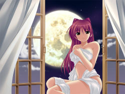 Rule 34 | 00s, 1girl, bed sheet, breasts, brown eyes, covering privates, kousaka tamaki, long hair, moon, naked sheet, nude, nude cover, red hair, solo, to heart (series), to heart 2, wallpaper, window