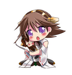 Rule 34 | 10s, 1girl, :o, blush, body pillow, boots, brown hair, dakimakura (object), detached sleeves, erusen, erusen (des-arms), female focus, full body, hair ornament, hairband, hiei (kancolle), kantai collection, long sleeves, nontraditional miko, hugging object, personification, pillow, pillow hug, purple hair, solo, thigh boots, thighhighs, white background, wide sleeves