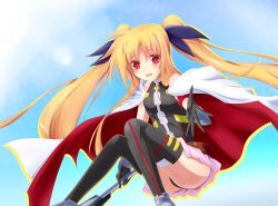 Rule 34 | 1girl, armor, bardiche (nanoha), bare shoulders, belt, blonde hair, blush, cape, fate testarossa, fate testarossa (blaze form), gloves, hair ribbon, long hair, lyrical nanoha, mahou shoujo lyrical nanoha, mahou shoujo lyrical nanoha a&#039;s, mahou shoujo lyrical nanoha the movie 2nd a&#039;s, open mouth, outstretched hand, red eyes, ribbon, skirt, solo, thighhighs, twintails, very long hair, yukiru akitera