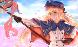 Rule 34 | 1girl, artoria caster (fate), artoria caster (second ascension) (fate), artoria pendragon (fate), bakaichisan, black ribbon, blonde hair, blue cape, blue sky, blush, brown gloves, buttons, cape, capelet, cloud, double-breasted, fate/grand order, fate (series), gloves, green eyes, hair between eyes, hat, highres, long hair, neck ribbon, petals, ponytail, ribbon, sky, smile, solo, staff