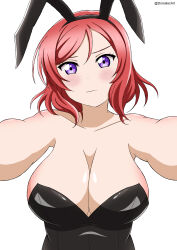 Rule 34 | 1girl, absurdres, artist name, bare shoulders, blush, breasts, cleavage, closed mouth, dorsalec, highres, large breasts, leotard, looking at viewer, love live!, love live! school idol project, nishikino maki, playboy bunny, purple eyes, rabbit ears, red hair, short hair, simple background, solo, upper body, white background