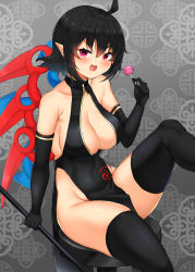 Rule 34 | 1girl, :d, ahoge, asymmetrical wings, black dress, black gloves, black thighhighs, blue wings, breasts, candy, china dress, chinese clothes, cleavage, daichi (tokoya), dress, elbow gloves, food, gloves, grey background, highres, holding, holding candy, holding food, holding lollipop, holding polearm, holding weapon, houjuu nue, large breasts, lollipop, looking at viewer, open mouth, pointy ears, polearm, red eyes, red wings, sleeveless, sleeveless dress, smile, solo, thighhighs, touhou, v-shaped eyebrows, weapon, wings