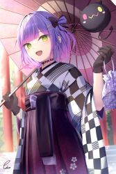 Rule 34 | 1girl, absurdres, bibi (tokoyami towa), black gloves, checkered clothes, checkered kimono, choker, earrings, gloves, green eyes, hair ornament, hairpin, hakama, highres, holding, holding umbrella, hololive, japanese clothes, jewelry, kimono, lace, lace choker, looking at viewer, multicolored hair, official alternate costume, open mouth, piccolo (gvgk8874), pink hair, pointy ears, purple hair, purple hakama, short hair, smile, streaked hair, tokoyami towa, tokoyami towa (new year), two side up, umbrella, virtual youtuber, wavy hair, x hair ornament