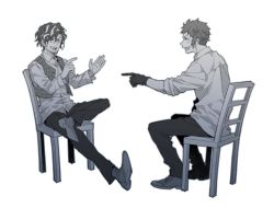 Rule 34 | black pants, blush, boots, chair, closed eyes, facial hair, gloves, hands up, hoyano (maimai), laughing, leg up, long sleeves, looking at another, lucas (yakusoku no neverland), monochrome, multicolored hair, open clothes, open mouth, pants, pointing, shirt, shoelaces, simple background, sitting, sleeves rolled up, stubble, talking, teeth, vest, waistcoat, white background, white shirt, yakusoku no neverland, yuugo (yakusoku no neverland)