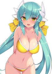 Rule 34 | 1girl, :d, aqua hair, arms behind back, bare shoulders, bikini, bow, breasts, cleavage, cowboy shot, fate/grand order, fate (series), hair between eyes, hair bow, halterneck, haruyuki (yukichasoba), horns, kiyohime (fate), kiyohime (fate/grand order), kiyohime (swimsuit lancer) (fate), kiyohime (swimsuit lancer) (first ascension) (fate), large breasts, low twintails, navel, open mouth, simple background, smile, solo, swimsuit, twintails, white background, yellow bikini, yellow eyes