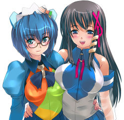 Rule 34 | 2girls, 2k-tan, :d, bare shoulders, blue eyes, blue hair, blush, breasts, brown hair, covered erect nipples, cowboy shot, detached sleeves, glasses, hair ornament, hairpin, hat, large breasts, multiple girls, open mouth, os-tan, see-through, shirt, simple background, sleeveless, sleeveless shirt, smile, teeth, upper body, white background, xp-tan