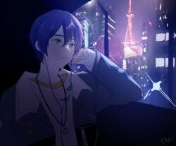 Rule 34 | 1boy, blue eyes, blue hair, building, clenched hand, commentary request, earphones, highres, jacket, jewelry, kaito (vocaloid), long sleeves, male focus, necklace, open clothes, open jacket, parang 99, parted lips, project sekai, short hair, solo, upper body, vivid bad squad (project sekai), vivid bad squad kaito, vocaloid