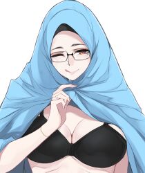 Rule 34 | 1girl, after fellatio, arm up, black bra, blue hijab, blush, bra, breasts, brown eyes, closed mouth, clothes lift, cum, cum drool, cum in mouth, female focus, glasses, half-closed eye, highres, hijab, hijab lift, jewelry, large breasts, licking lips, lifting own clothes, lips, mole, mole under eye, one eye closed, original, paizuri invitation, presenting, ring, shiny skin, simple background, solo, tongue, tongue out, underwear, upper body, white background