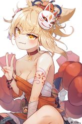 Rule 34 | 1girl, absurdres, arm tattoo, bandaged arm, bandages, bare shoulders, blonde hair, blush, bracelet, breasts, chest tattoo, choker, cleavage, closed mouth, fang, flower, fox mask, genshin impact, gilmang, hair between eyes, hair flower, hair ornament, half-closed eyes, highres, huge filesize, japanese clothes, jewelry, kimono, looking at viewer, mask, medium breasts, orange eyes, orange kimono, sarashi, simple background, sitting, smile, solo, tattoo, v, white background, yoimiya (genshin impact)