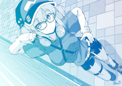 Rule 34 | 1girl, alternate costume, bespectacled, blue theme, blush, breasts, brick wall, closed mouth, commentary request, contemporary, expressionless, flat cap, full body, glasses, hair bobbles, hair ornament, hat, headphones, highres, kagiyama shachou, kawashiro nitori, key, large breasts, layered sleeves, leaf print, long sleeves, looking at viewer, maple leaf print, medium hair, monochrome, pantyhose, shoes, short over long sleeves, short shorts, short sleeves, shorts, sidelocks, simple background, sneakers, solo, standing, tile floor, tiles, touhou, two side up