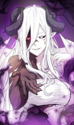 Rule 34 | 1girl, ahoge, aura, dark-skinned female, dark skin, hel (mythic item obtained), heterochromia, highres, horns, long hair, looking at viewer, mythic item obtained, open mouth, red eyes, shirt, smile, solo, very long hair, white eyes, white hair, white shirt, white top
