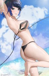 Rule 34 | 1girl, armpits, arms behind head, arms up, ass, barefoot, beach, bikini, black bikini, blue hair, blush, breasts, cloud, covered erect nipples, dutch angle, feet, foot out of frame, from side, genshin impact, green eyes, highres, looking at viewer, medium breasts, ocean, parted lips, renberry, short hair, sky, solo, string bikini, swimsuit, toes, twitter username, untied bikini, water, yelan (genshin impact)