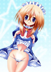 Rule 34 | 1girl, aiba yuuji, bell, blue background, blue eyes, blush, brown hair, cameltoe, clothes lift, doraemon, doraemon (character), dress, dress lift, dutch angle, gender request, genderswap, hair over face, heart, looking at viewer, lowleg, lowleg panties, maid, maid headdress, navel, open mouth, panties, personification, ribbon, solo, star (symbol), striped clothes, striped panties, tassan28, thigh gap, underwear