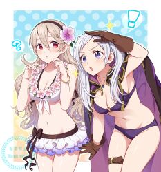 Rule 34 | !, 2girls, ?, bangle, bikini, black ribbon, bracelet, breasts, corrin (female) (fire emblem), corrin (female) (summer) (fire emblem), corrin (fire emblem), fire emblem, fire emblem awakening, fire emblem fates, fire emblem heroes, flower, flower necklace, frilled bikini, frills, gloves, highres, hiyori (rindou66), jewelry, leather, leather gloves, lei, long coat, long hair, looking ahead, looking at another, medium breasts, multiple girls, navel, necklace, nintendo, official alternate costume, pointy ears, purple eyes, red eyes, ribbon, robin (female) (fire emblem), robin (female) (summer) (fire emblem), robin (fire emblem), swimsuit, thigh strap, twintails, waist ribbon, white bikini, white hair