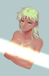 Rule 34 | 1girl, archer (fate), blush, breasts, brown eyes, covering privates, covering breasts, crossed arms, cum, cum on body, cum on breasts, cum on upper body, dark-skinned female, dark skin, fate/stay night, fate (series), genderswap, genderswap (mtf), green hair, large breasts, light censor, long hair, nishiyama (whatsoy), solo, topless, white hair