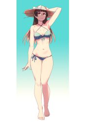 Rule 34 | 1girl, arm up, armpits, bare arms, bare legs, bare shoulders, barefoot, bikini, bow, breasts, brown hair, choukai (kancolle), closed mouth, collarbone, commentary request, front-tie top, full body, glasses, hair ornament, halterneck, hand on headwear, hat, hat bow, headgear, highres, kantai collection, large breasts, long hair, looking at viewer, navel, red eyes, rimless eyewear, side-tie bikini bottom, simple background, skindentation, smile, solo, standing, string bikini, sun hat, swimsuit, white background, yuuji (and)