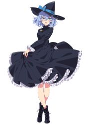 Rule 34 | 1girl, :d, black dress, black footwear, black hat, blue eyes, blue hair, blush, boots, crossed legs, dress, drop earrings, earrings, frilled dress, frills, full body, hat, holding, holding clothes, indie virtual youtuber, jewelry, looking at viewer, mamyouda, open mouth, signature, simple background, skye (vtuber), smile, solo, standing, virtual youtuber, white background, witch hat