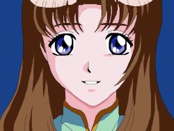 Rule 34 | 1girl, :d, blue background, blue eyes, brown hair, close-up, grin, long hair, looking at viewer, mushrambo, oekaki, open mouth, parted bangs, shindou yakumo, simple background, smile, solo, turtleneck